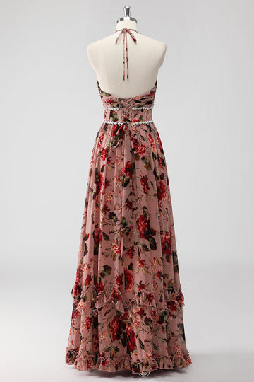 Dusty Rose Halter Flowers Une Ligne Robe d’invité de mariage avec fente